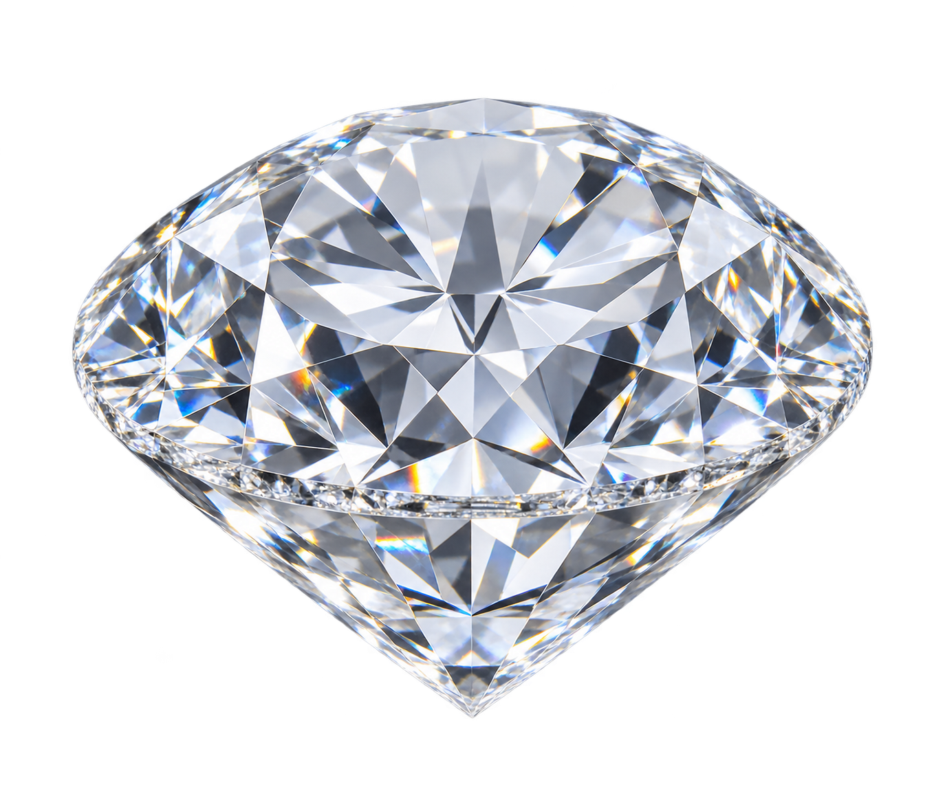 Sfeerrender van een rond briljantgeslepen diamant, zichtbaar vanuit een schuine hoek